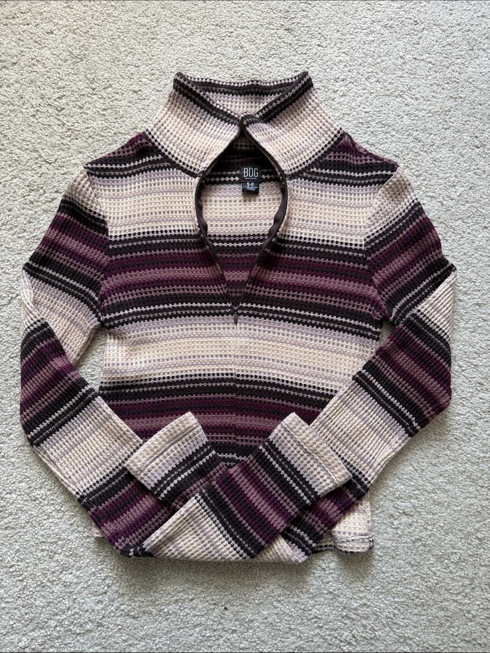 BDG Striped Mock Neck Zip waffle in Cream, Plum, brown and grey